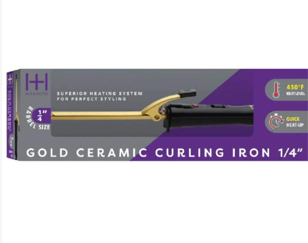HOT & HOTTER GOLD CERAMIC ELECTRIC CURLING IRON 1/4in, 1 COUNT HAIR CURLER, GOLD & BLACK