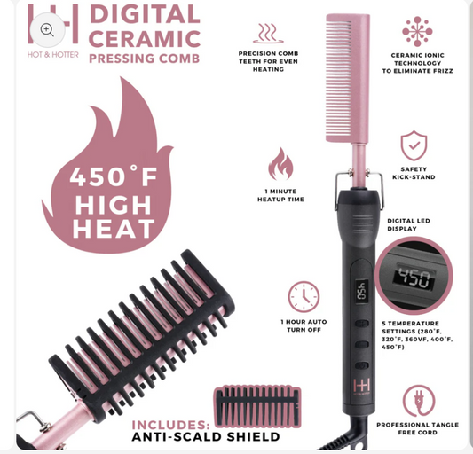 HOT & HOTTER DIGITAL CERAMIC PRESSING HOT COMB, 1 COUNT HAIR STRAIGHTENER, BLACK& ROSE GOLD