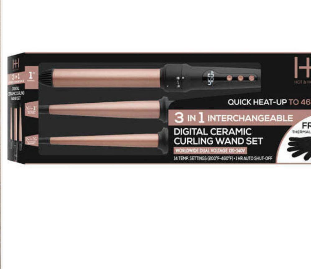 HOT & HOTTER 3 IN 1 INTERCHANGEABLE DIGITAL CURLING WAND SET, 1 COUNT CURLING IRON SET, ROSE GOLD